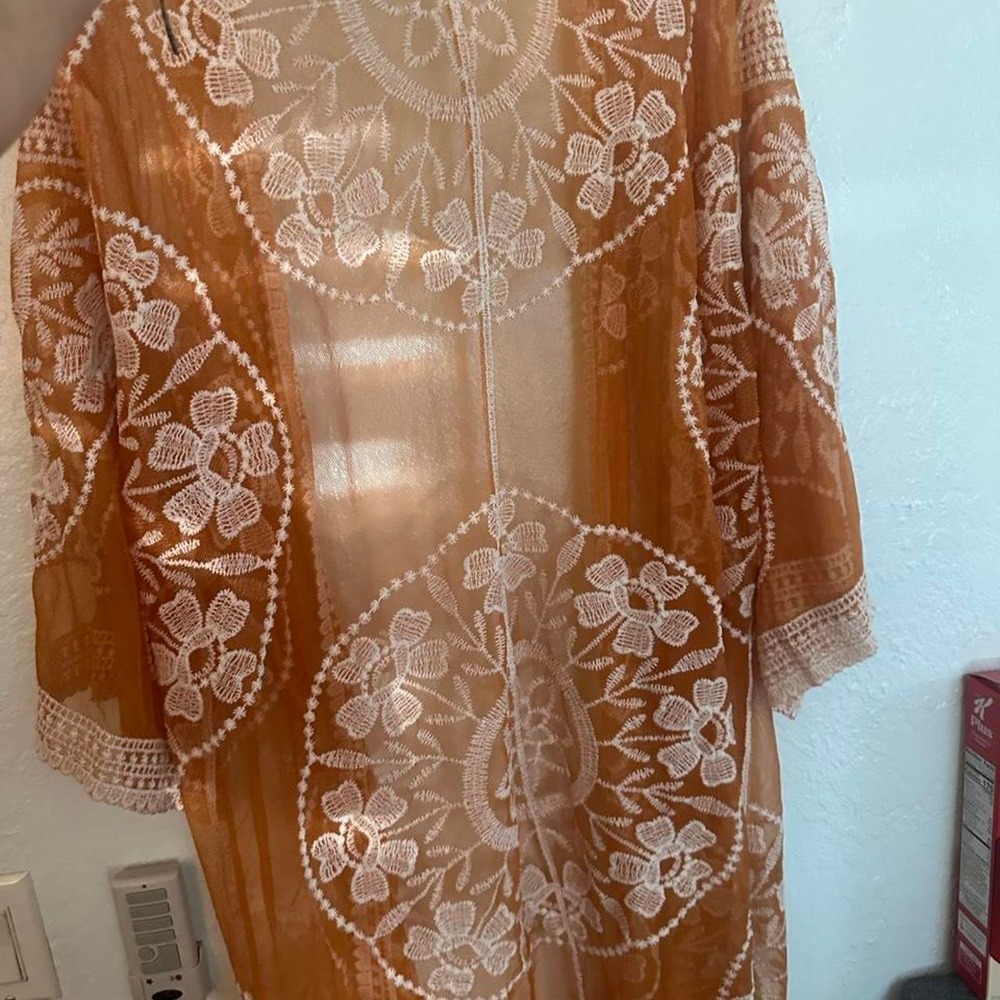Orange and white floral and geometric print long sheer kimono worn once